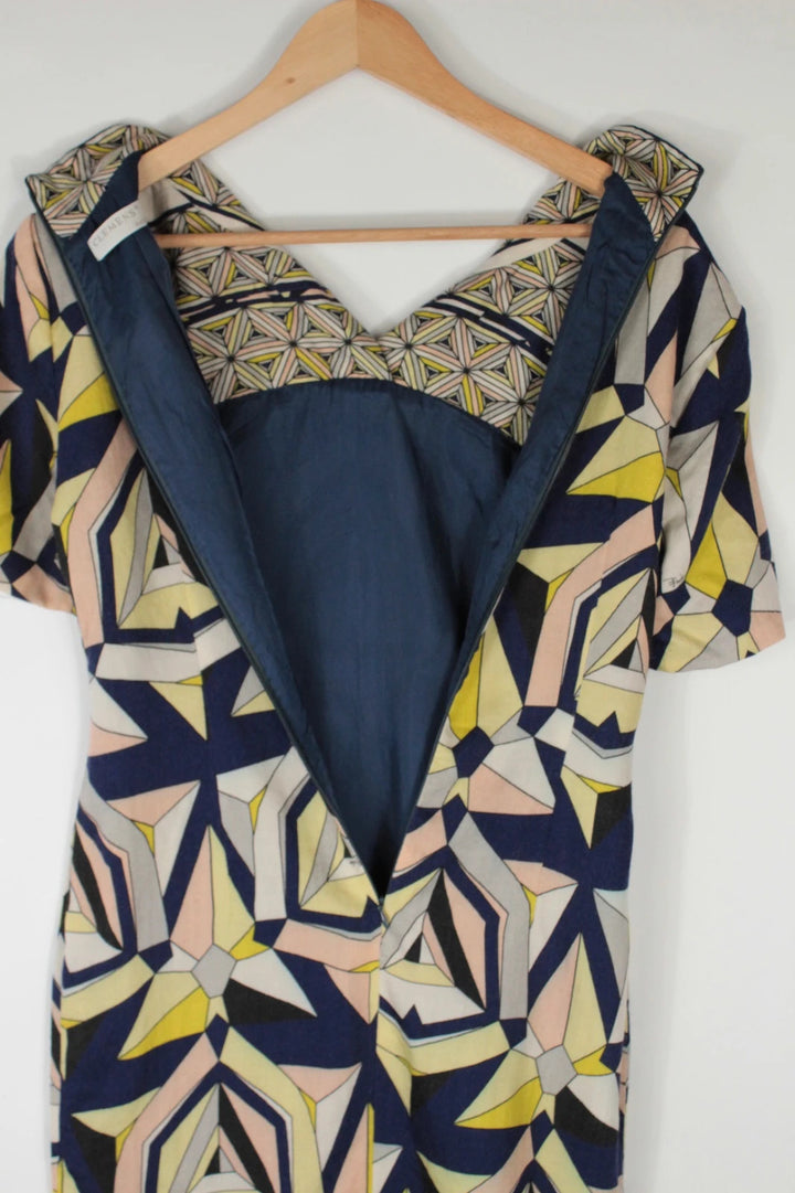 Vintage Dressing multi linen maxi dress with 1960s geometric pattern and structured silhouette.