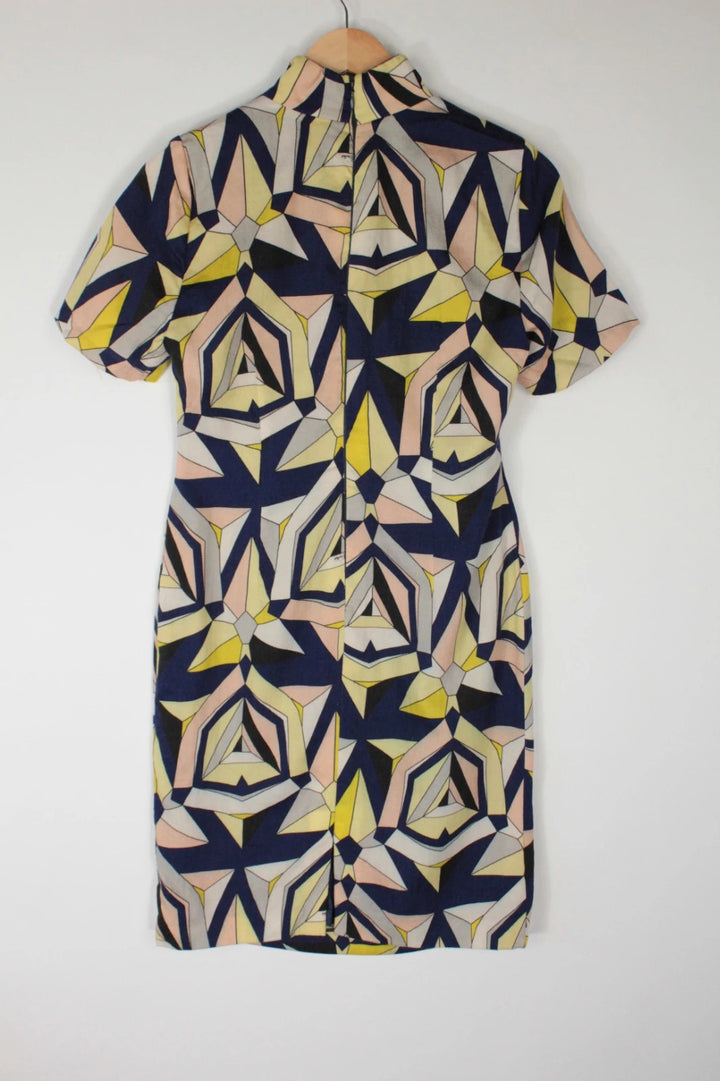 Vintage Dressing multi linen maxi dress with 1960s geometric pattern and structured silhouette.