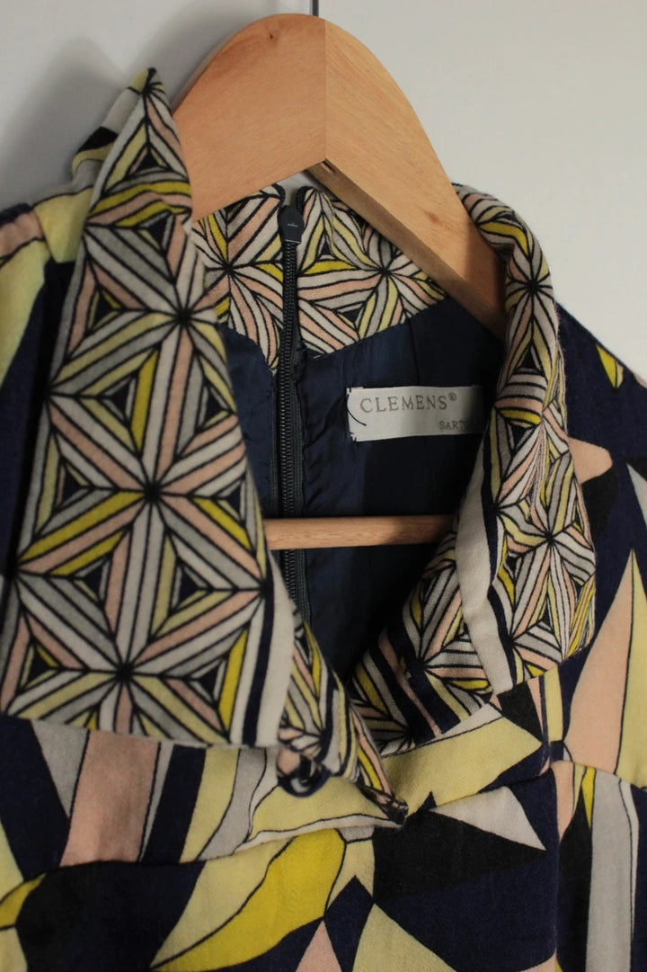 Vintage Dressing multi linen maxi dress with 1960s geometric pattern and structured silhouette.