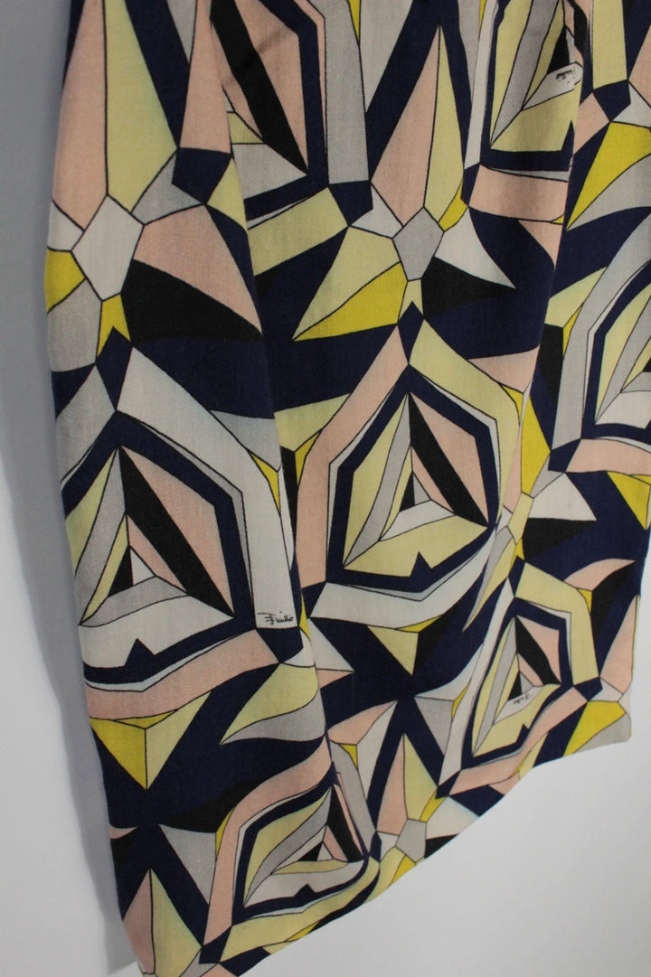 Vintage Dressing multi linen maxi dress with 1960s geometric pattern and structured silhouette.