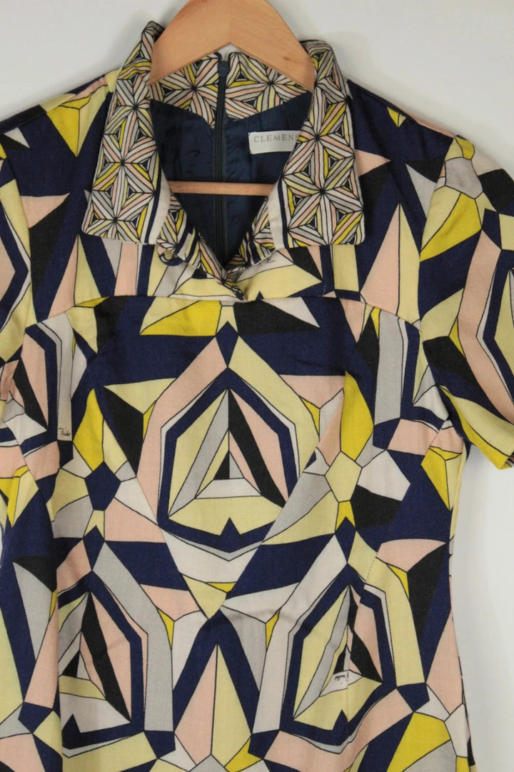 Vintage Dressing multi linen maxi dress with 1960s geometric pattern and structured silhouette.