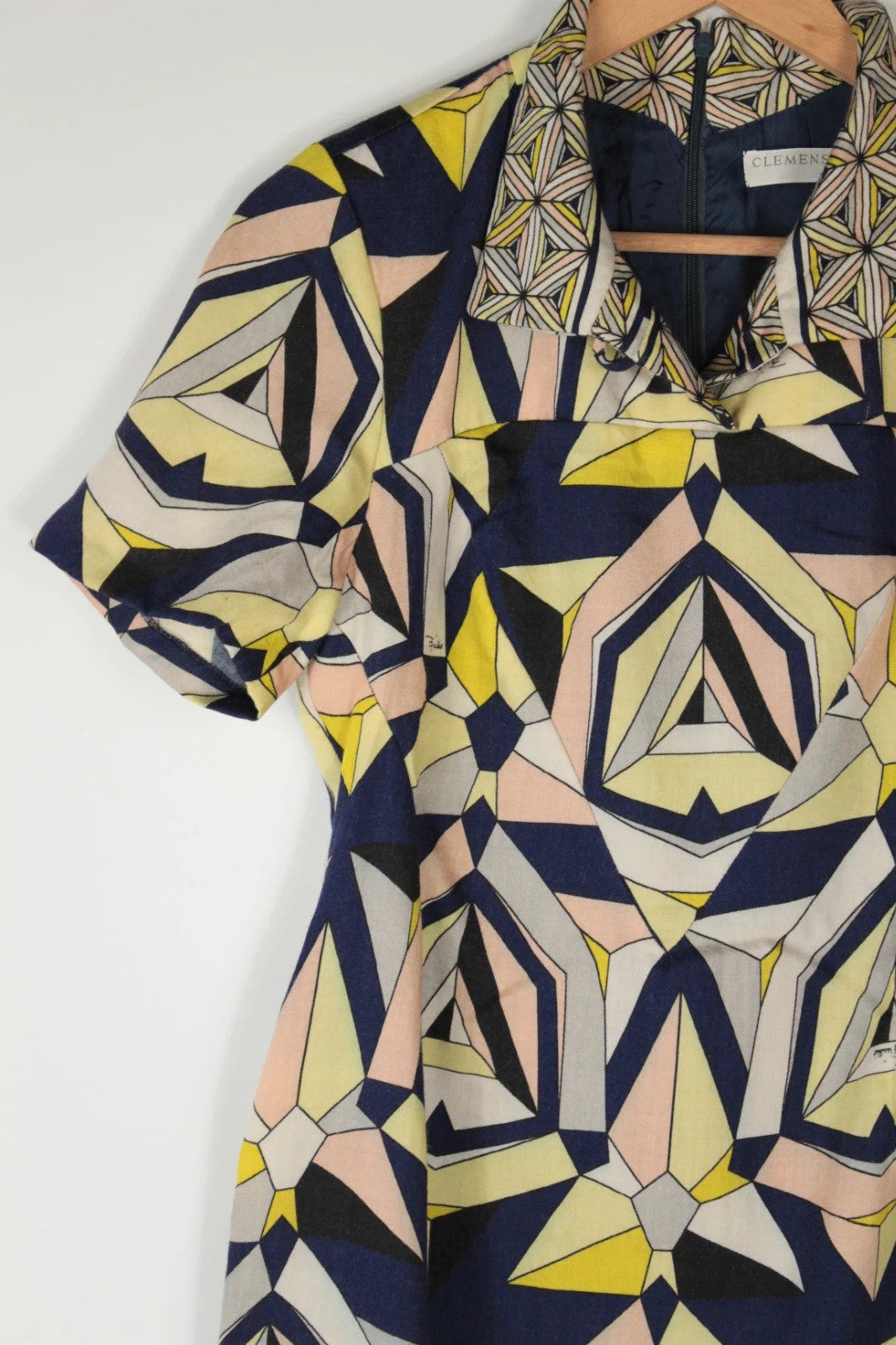 Vintage Dressing multi linen maxi dress with 1960s geometric pattern and structured silhouette.