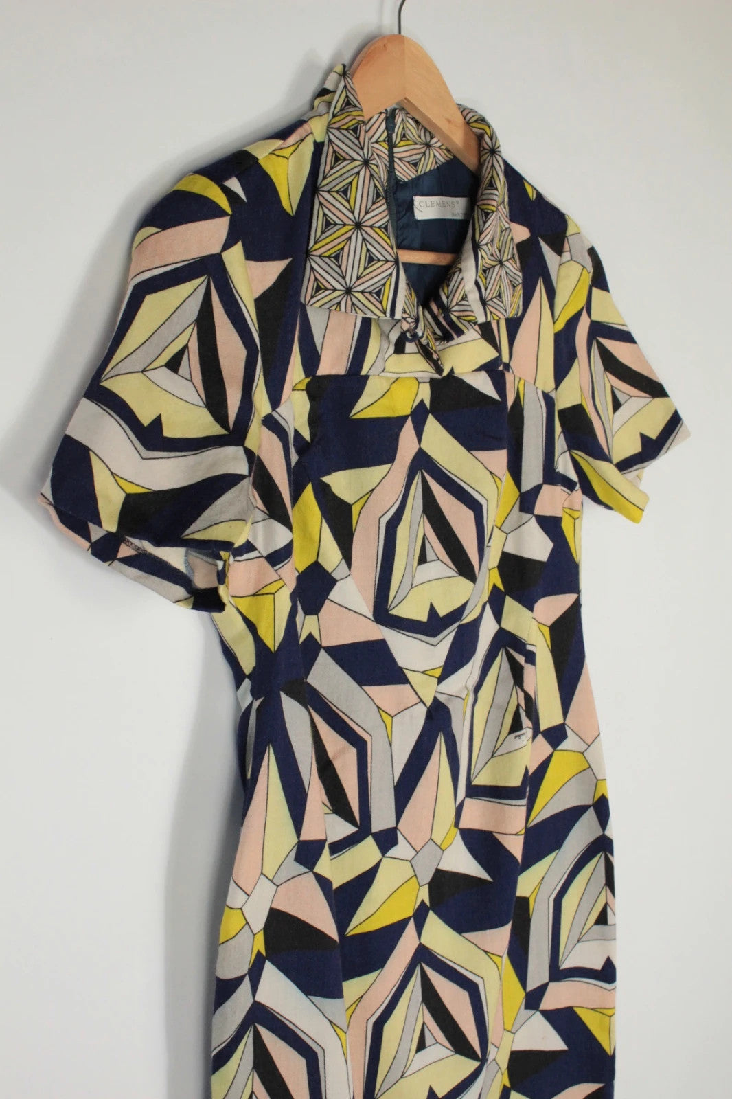 Vintage Dressing multi linen maxi dress with 1960s geometric pattern and structured silhouette.