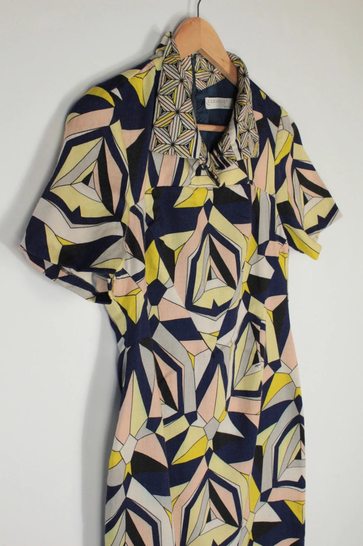 Vintage Dressing multi linen maxi dress with 1960s geometric pattern and structured silhouette.