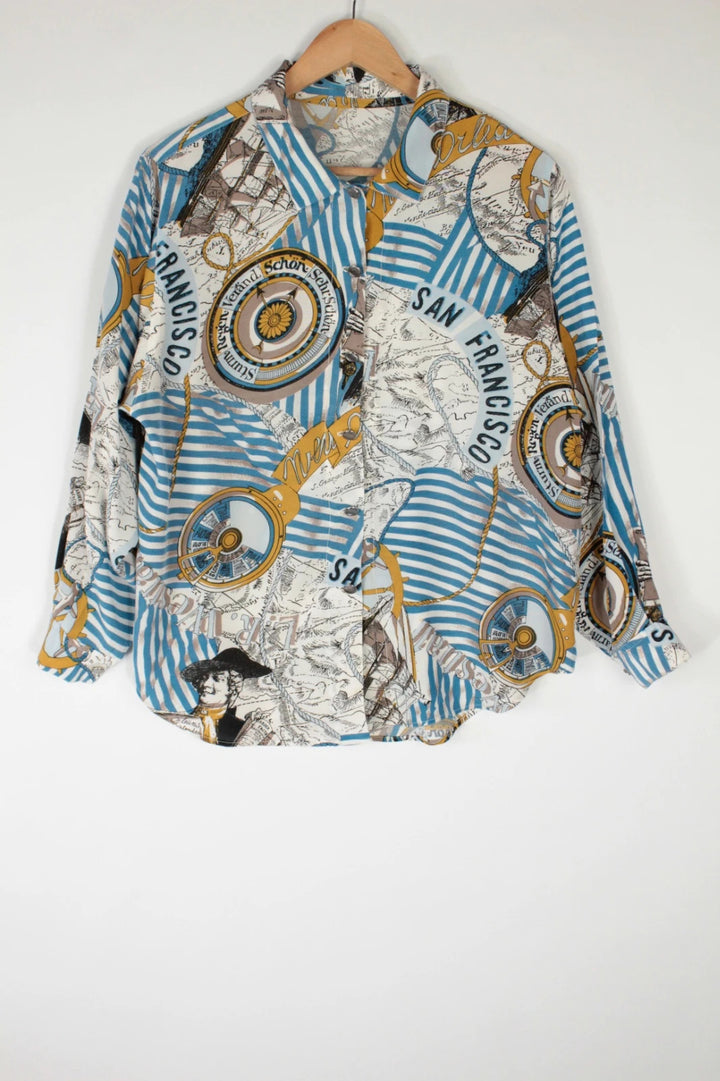 Vintage Dressing multi silk tunic blouse with nautical map print and blue stripes.