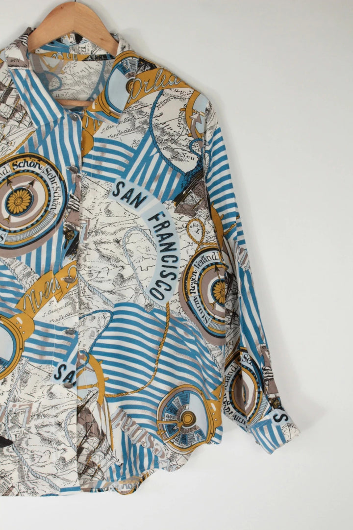 Vintage Dressing multi silk tunic blouse with nautical map print and blue stripes.