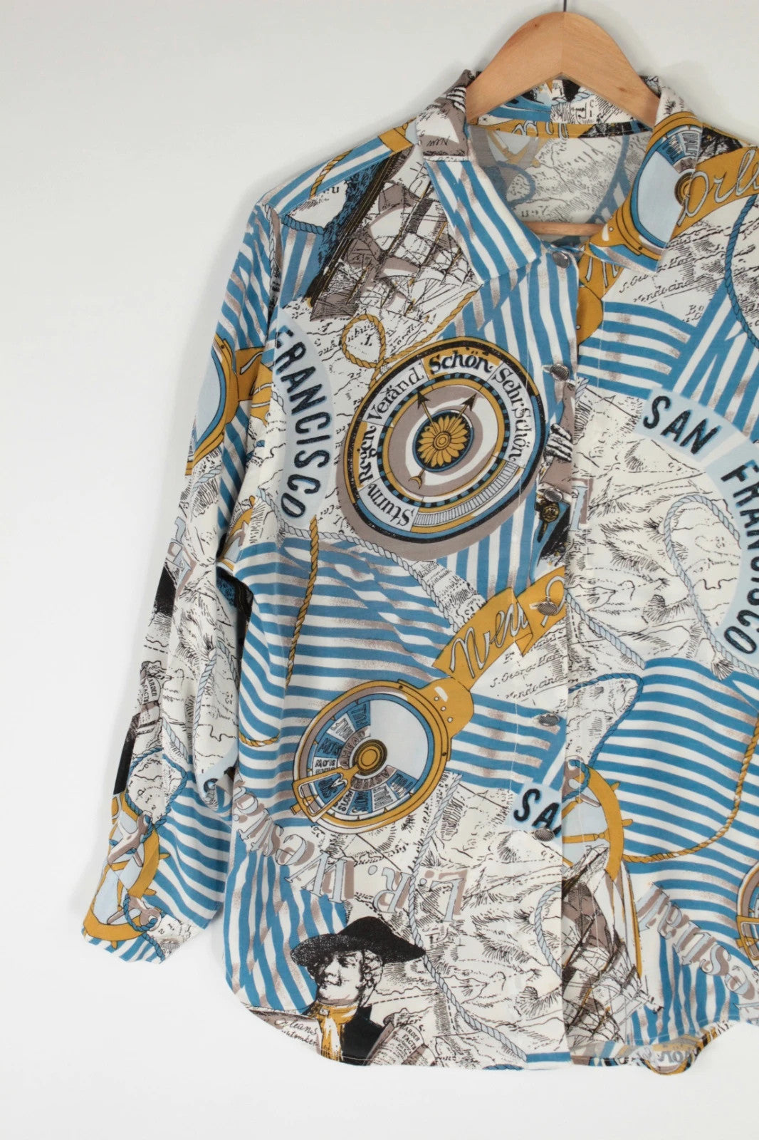 Vintage Dressing multi silk tunic blouse with nautical map print and blue stripes.