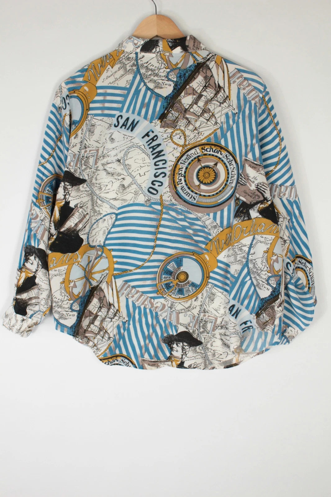 Vintage Dressing multi silk tunic blouse with nautical map print and blue stripes.