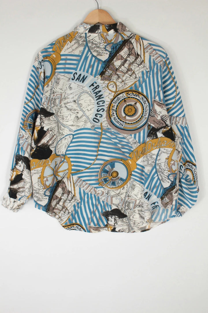 Vintage Dressing multi silk tunic blouse with nautical map print and blue stripes.