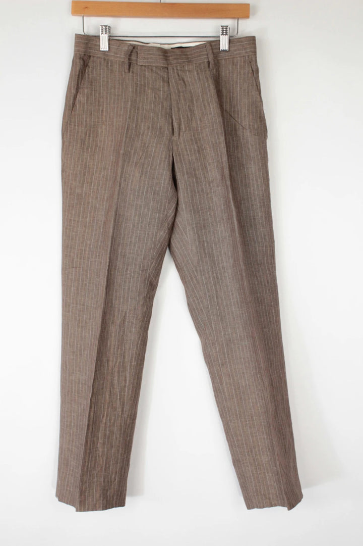 BRICE tailored trousers brown taupe with multi-toned pinstripe pattern and flat-front design.