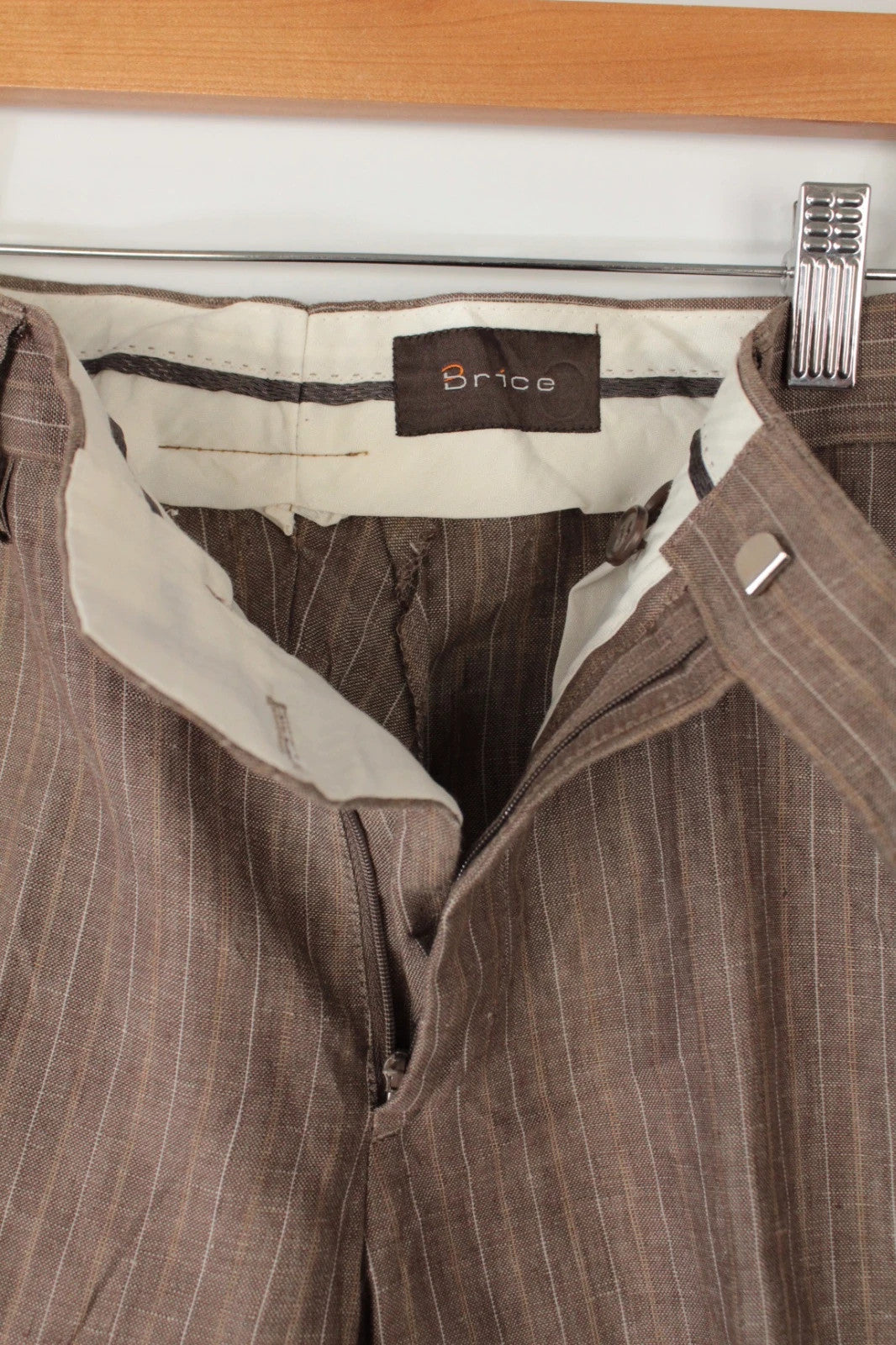 BRICE tailored trousers brown taupe with multi-toned pinstripe pattern and flat-front design.