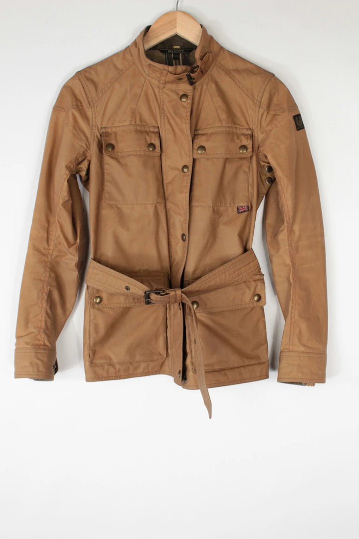 Belstaff brown waxed cotton motorcycle jacket with corduroy collar and matching waist belt.