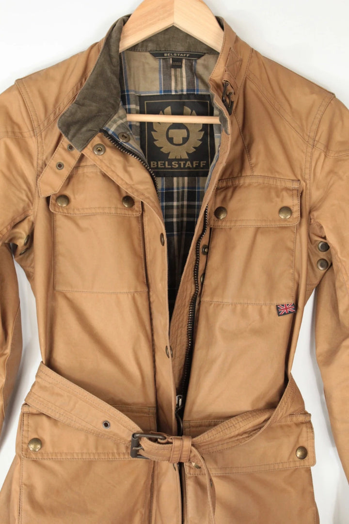 Belstaff brown waxed cotton motorcycle jacket with corduroy collar and matching waist belt.