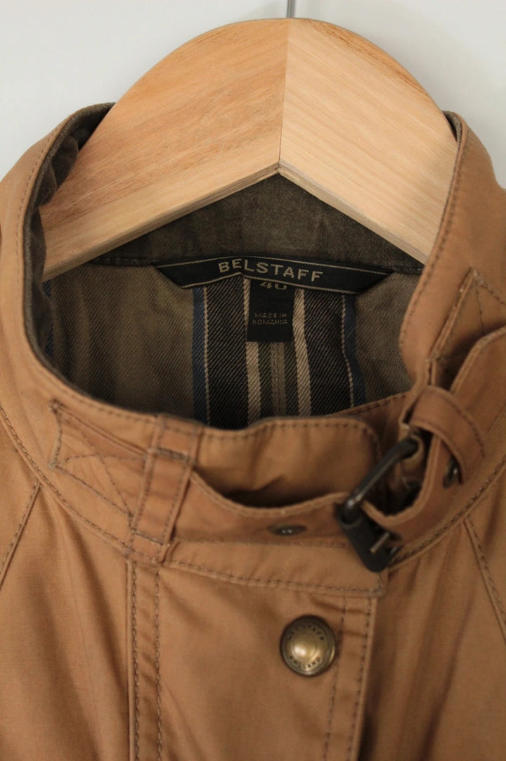 Belstaff brown waxed cotton motorcycle jacket with corduroy collar and matching waist belt.