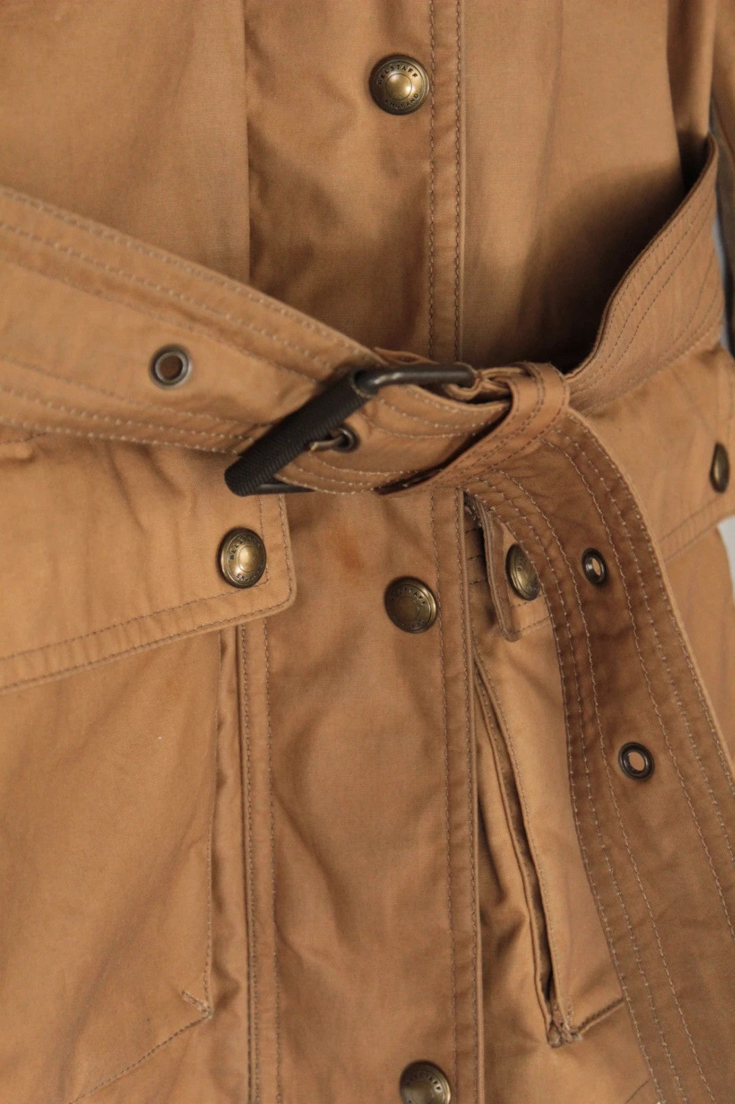 Belstaff brown waxed cotton motorcycle jacket with corduroy collar and matching waist belt.
