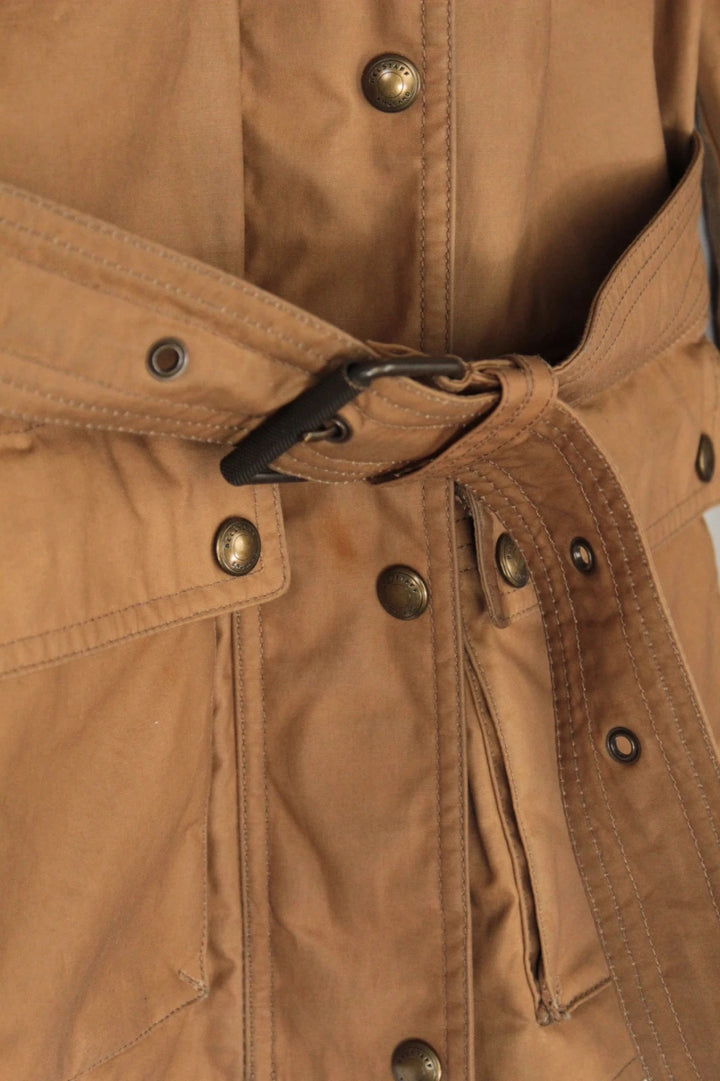 Belstaff brown waxed cotton motorcycle jacket with corduroy collar and matching waist belt.