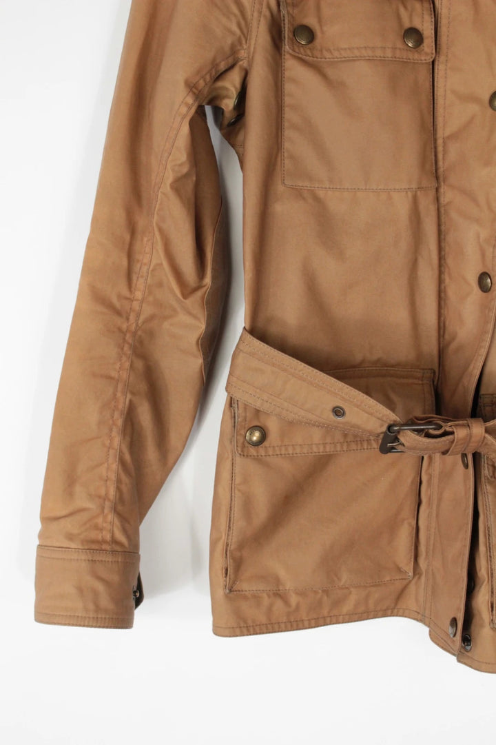 Belstaff brown waxed cotton motorcycle jacket with corduroy collar and matching waist belt.