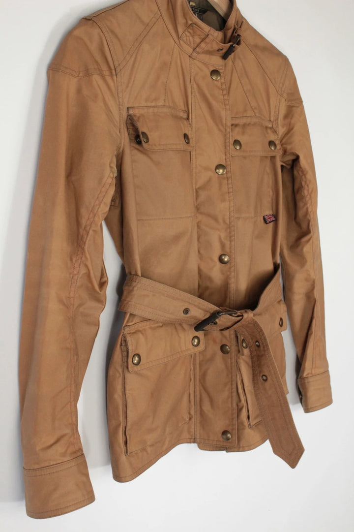 Belstaff brown waxed cotton motorcycle jacket with corduroy collar and matching waist belt.