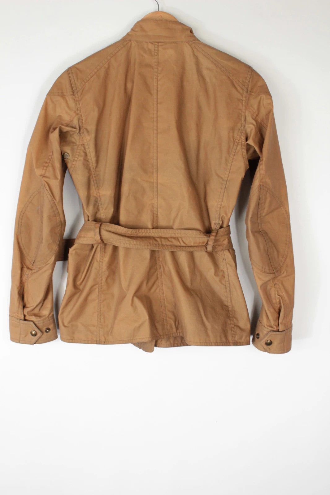 Belstaff brown waxed cotton motorcycle jacket with corduroy collar and matching waist belt.
