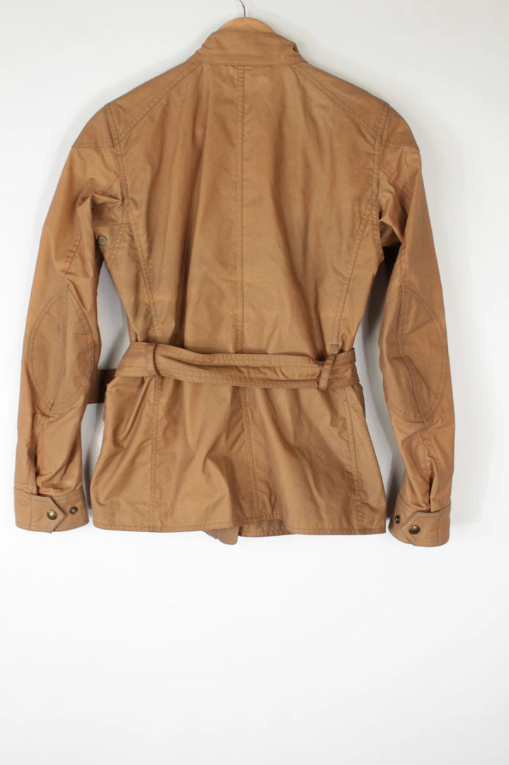 Belstaff brown waxed cotton motorcycle jacket with corduroy collar and matching waist belt.