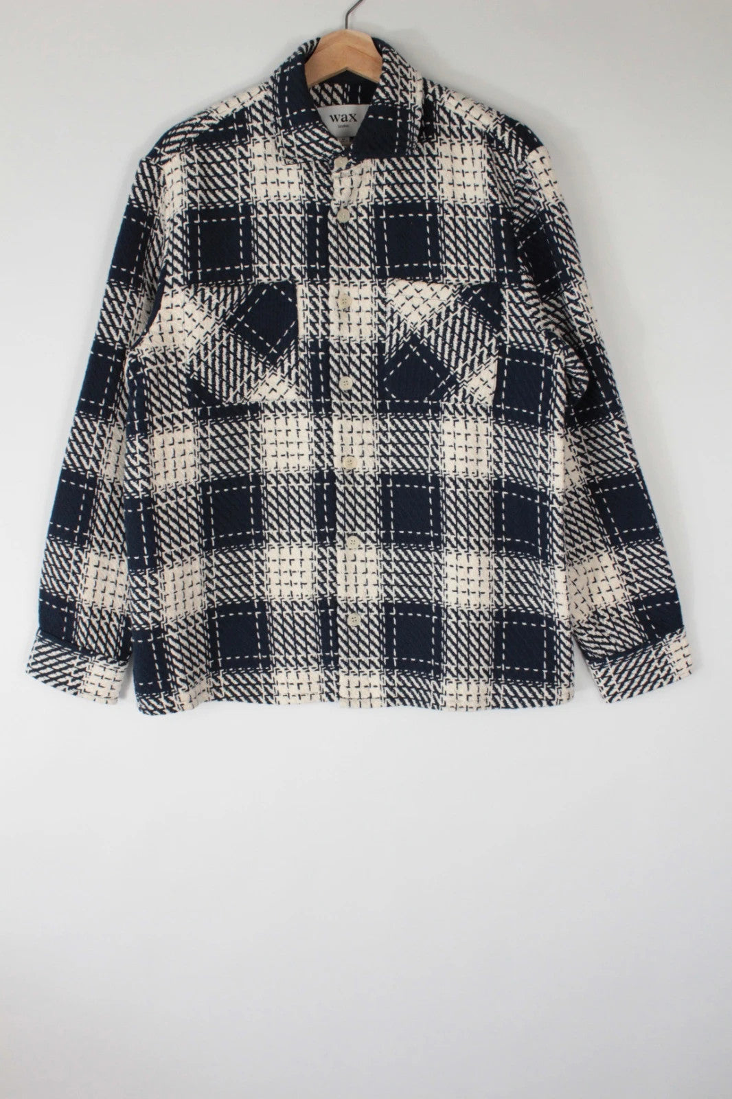 Wax London navy cream plaid check shacket heavyweight cotton blend with textured basketweave.