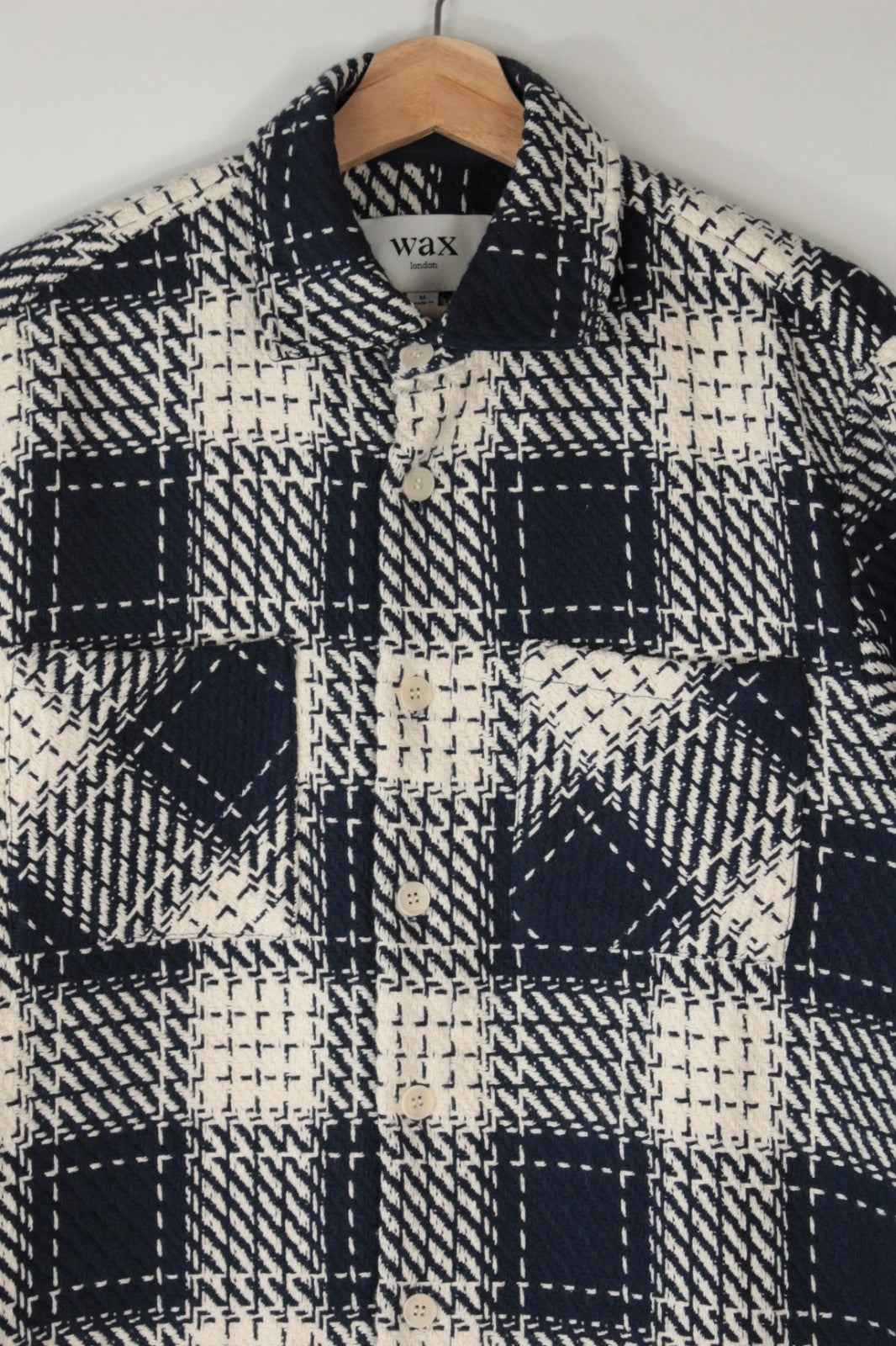 Wax London navy cream plaid check shacket heavyweight cotton blend with textured basketweave.