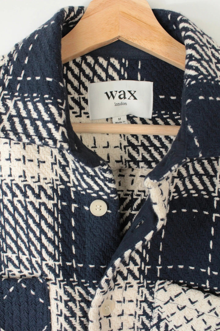 Wax London navy cream plaid check shacket heavyweight cotton blend with textured basketweave.