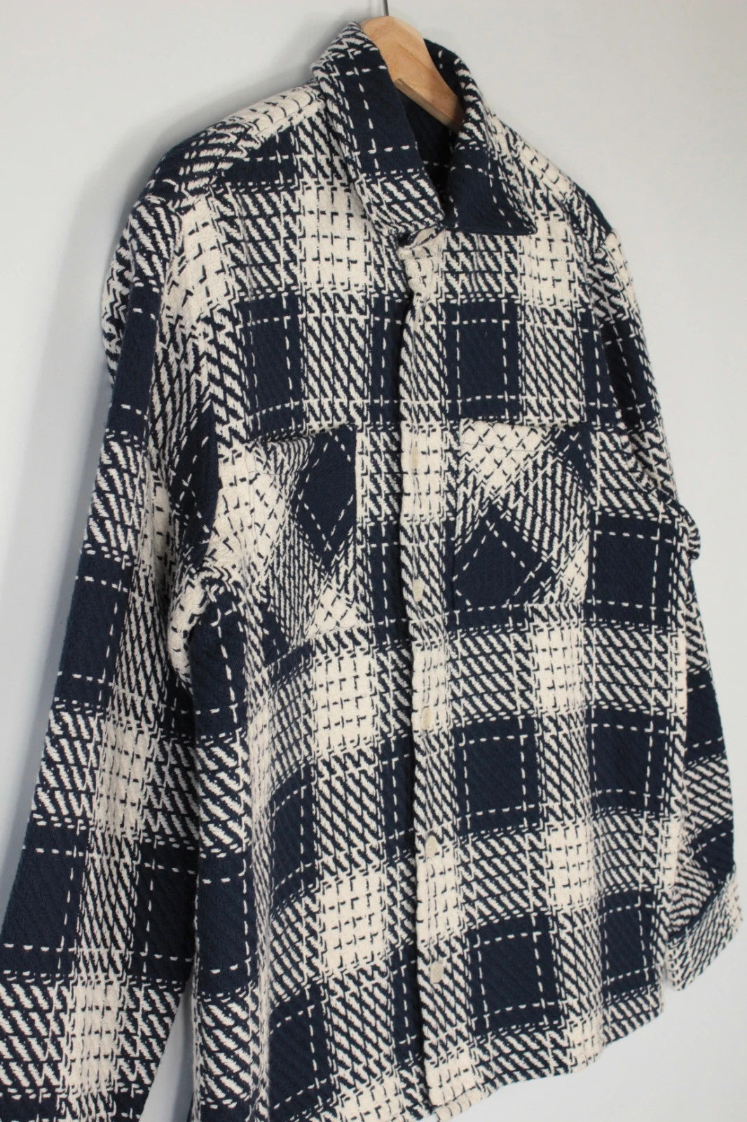 Wax London navy cream plaid check shacket heavyweight cotton blend with textured basketweave.