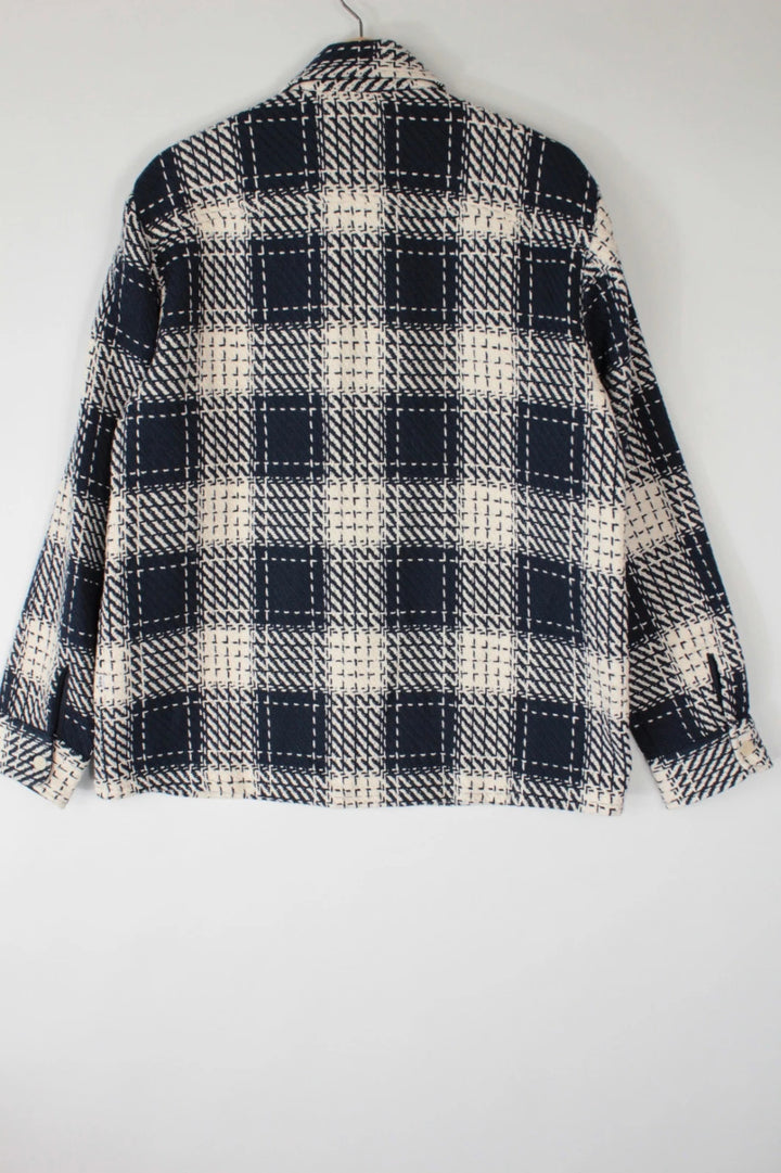 Wax London navy cream plaid check shacket heavyweight cotton blend with textured basketweave.