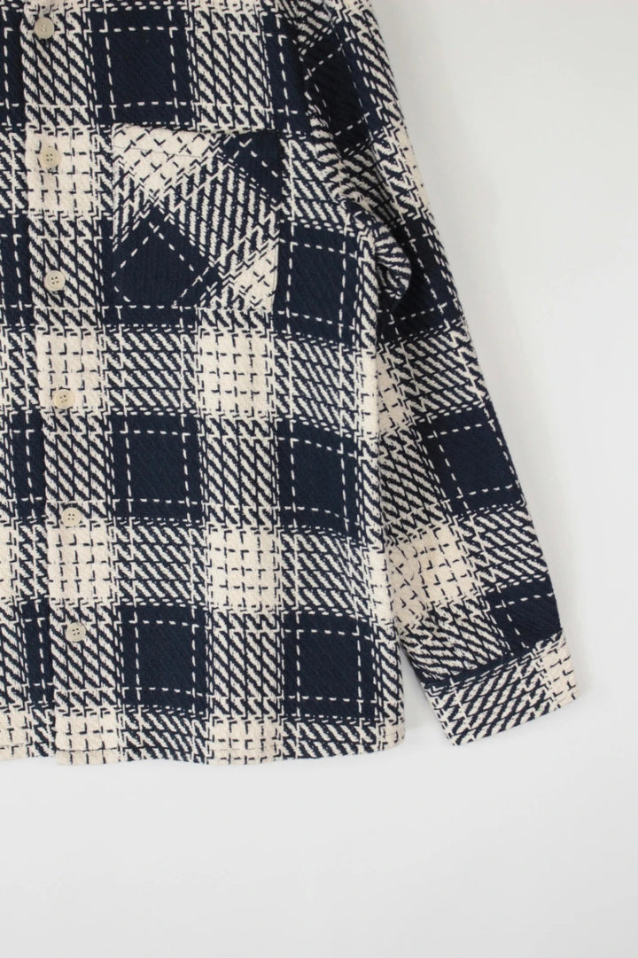 Wax London navy cream plaid check shacket heavyweight cotton blend with textured basketweave.