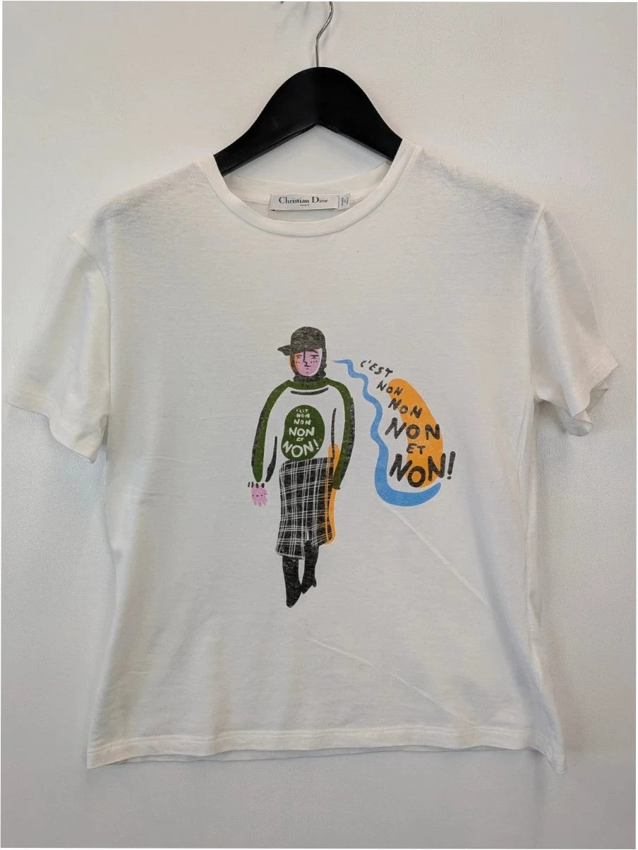 Christian Dior white pocket t-shirt with graphic protest illustration and bee motif.