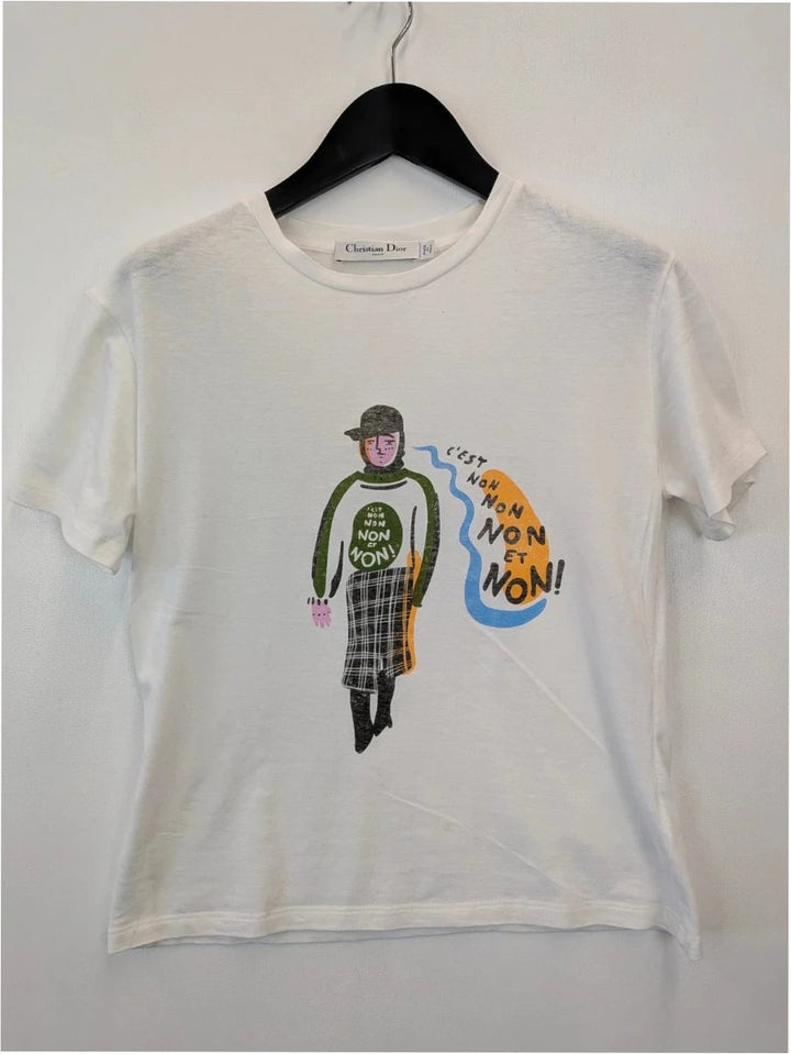 Christian Dior white pocket t-shirt with graphic protest illustration and bee motif.