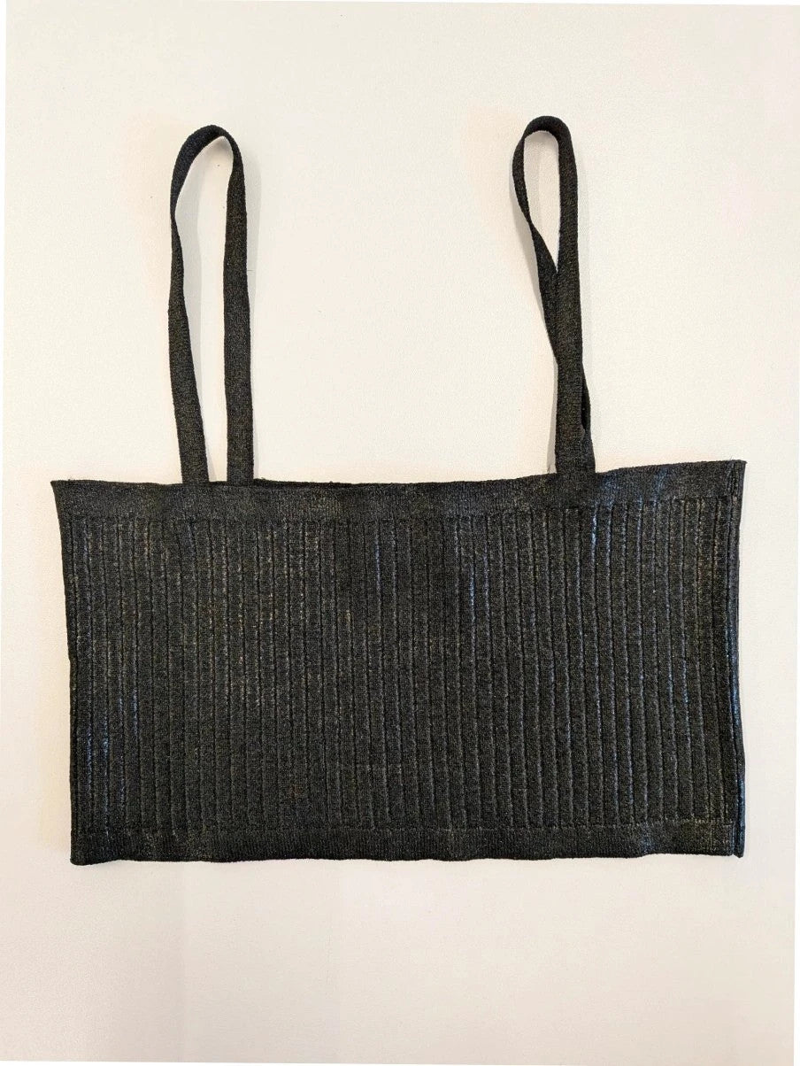 Prada black ribbed knit crop top with metallic shimmer and minimalist square neckline.