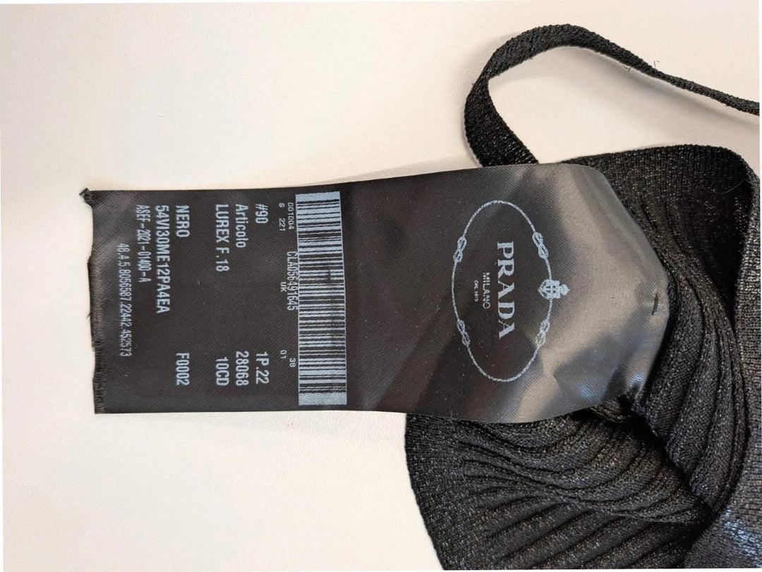Prada black ribbed knit crop top with metallic shimmer and minimalist square neckline.