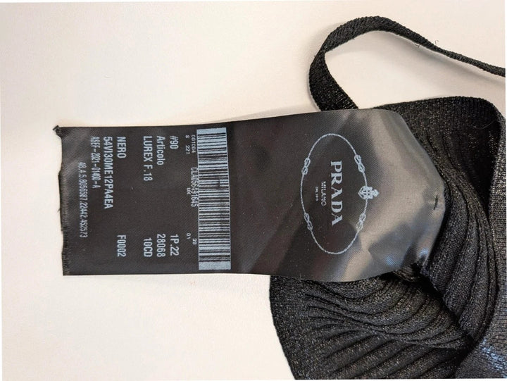 Prada black ribbed knit crop top with metallic shimmer and minimalist square neckline.