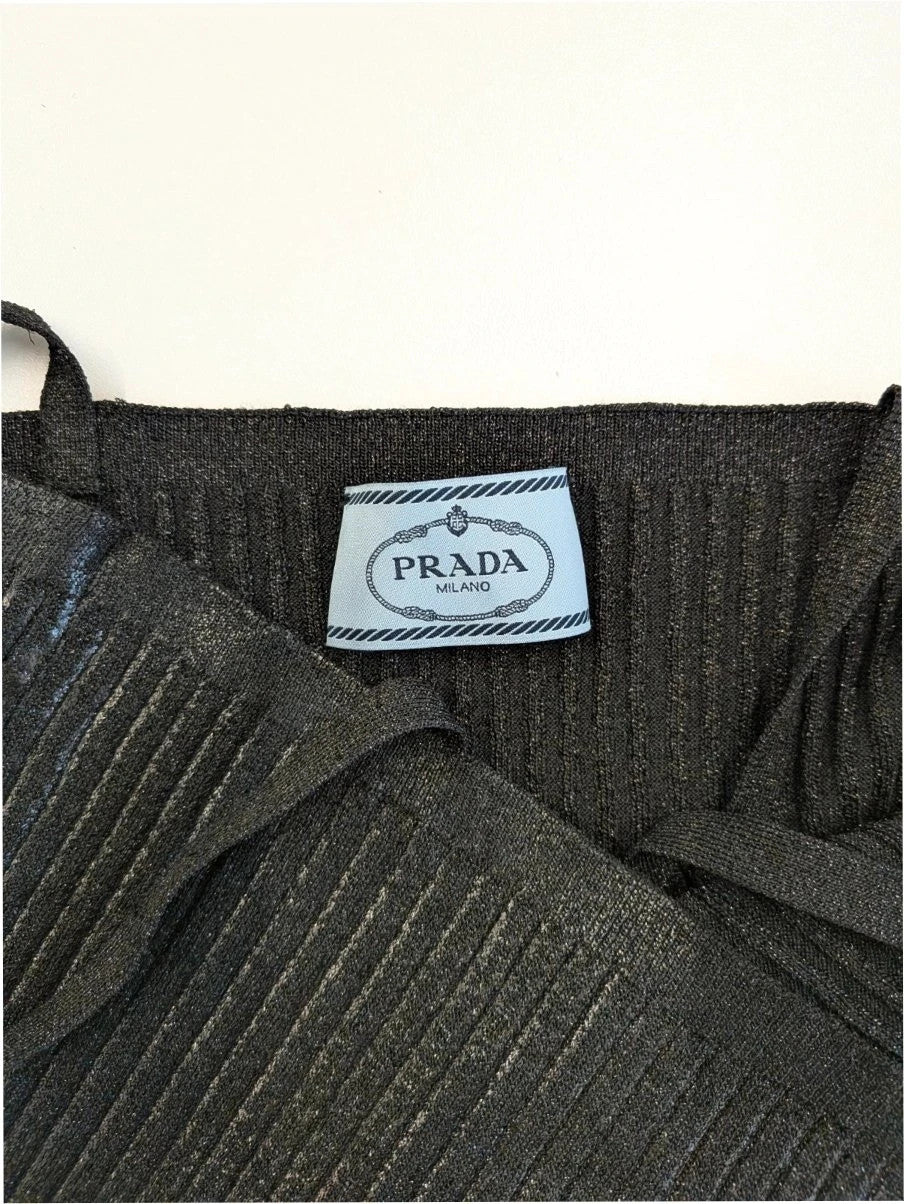 Prada black ribbed knit crop top with metallic shimmer and minimalist square neckline.