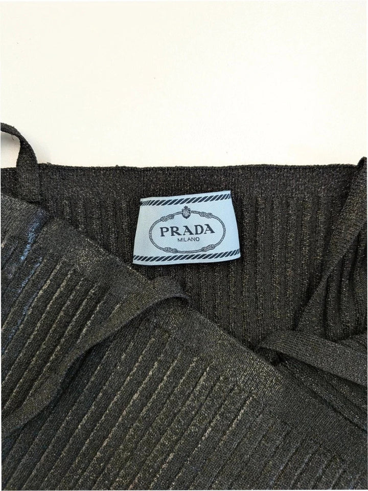 Prada black ribbed knit crop top with metallic shimmer and minimalist square neckline.