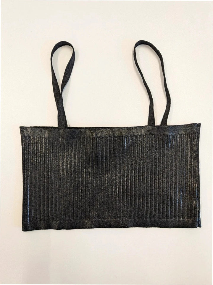 Prada black ribbed knit crop top with metallic shimmer and minimalist square neckline.
