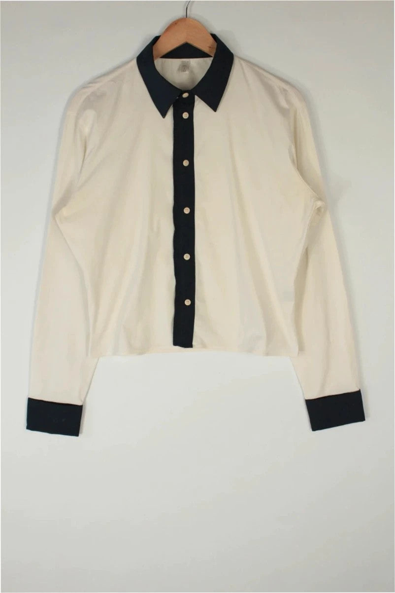 Miu Miu cream and navy collared blouse with contrast trim and premium cotton blend.