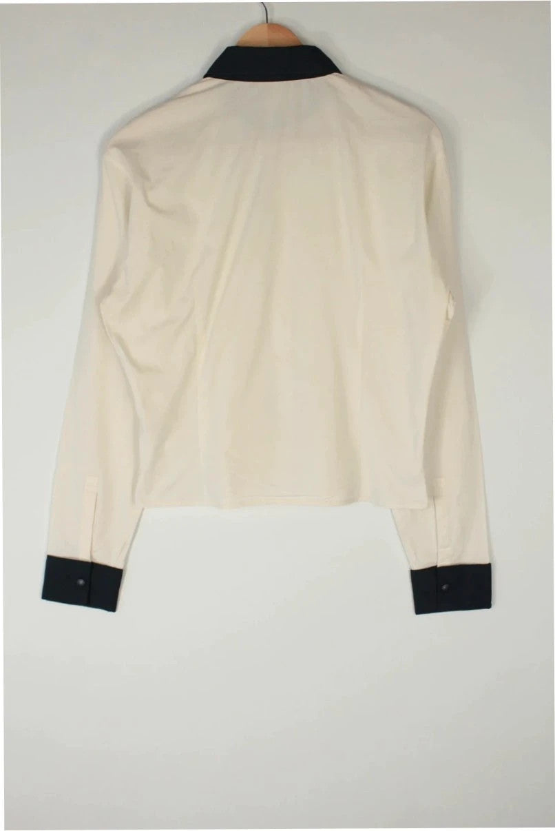 Miu Miu cream and navy collared blouse with contrast trim and premium cotton blend.