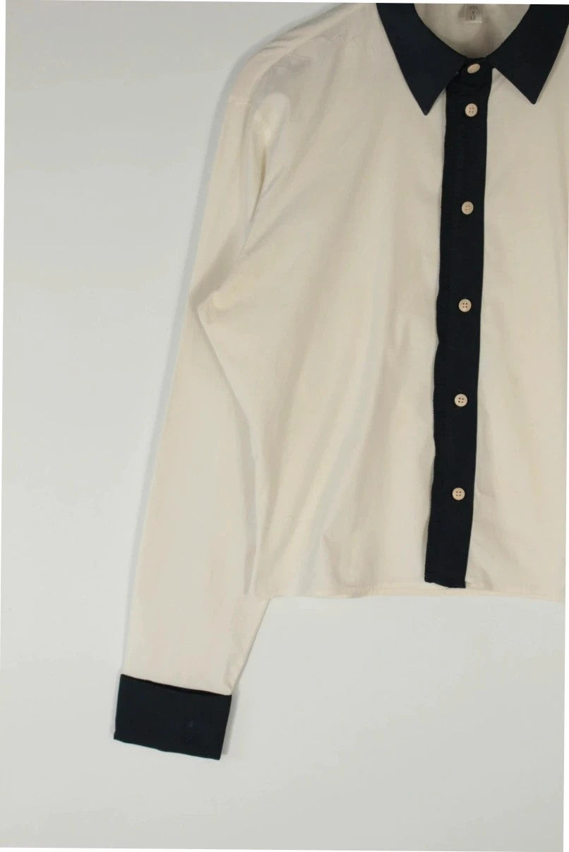Miu Miu cream and navy collared blouse with contrast trim and premium cotton blend.