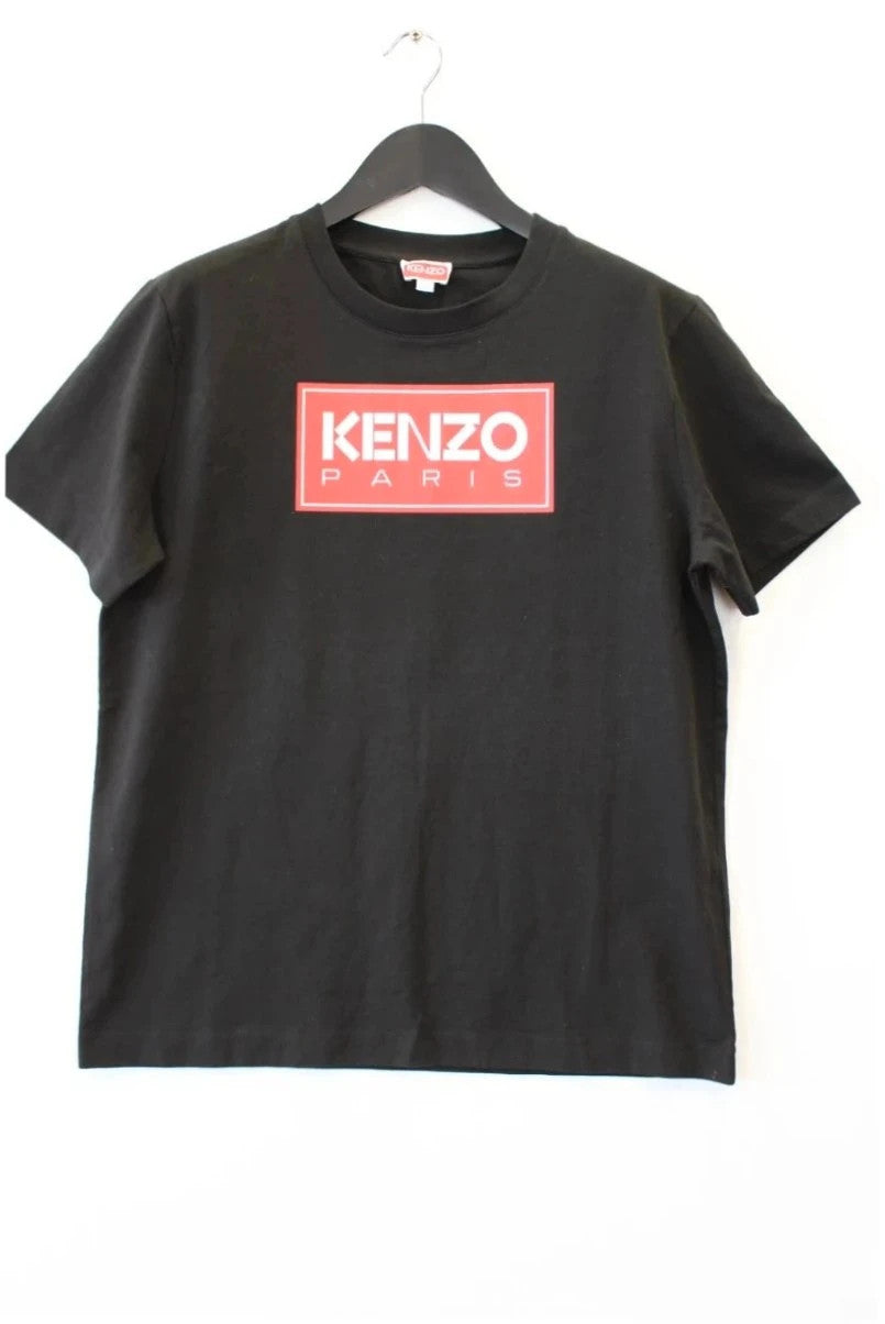 Kenzo black graphic tee with bold red box logo and ribbed crew neckline.