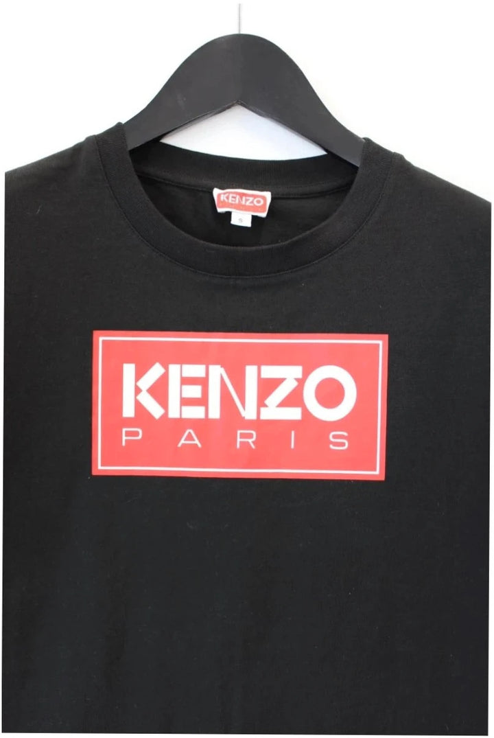 Kenzo black graphic tee with bold red box logo and ribbed crew neckline.