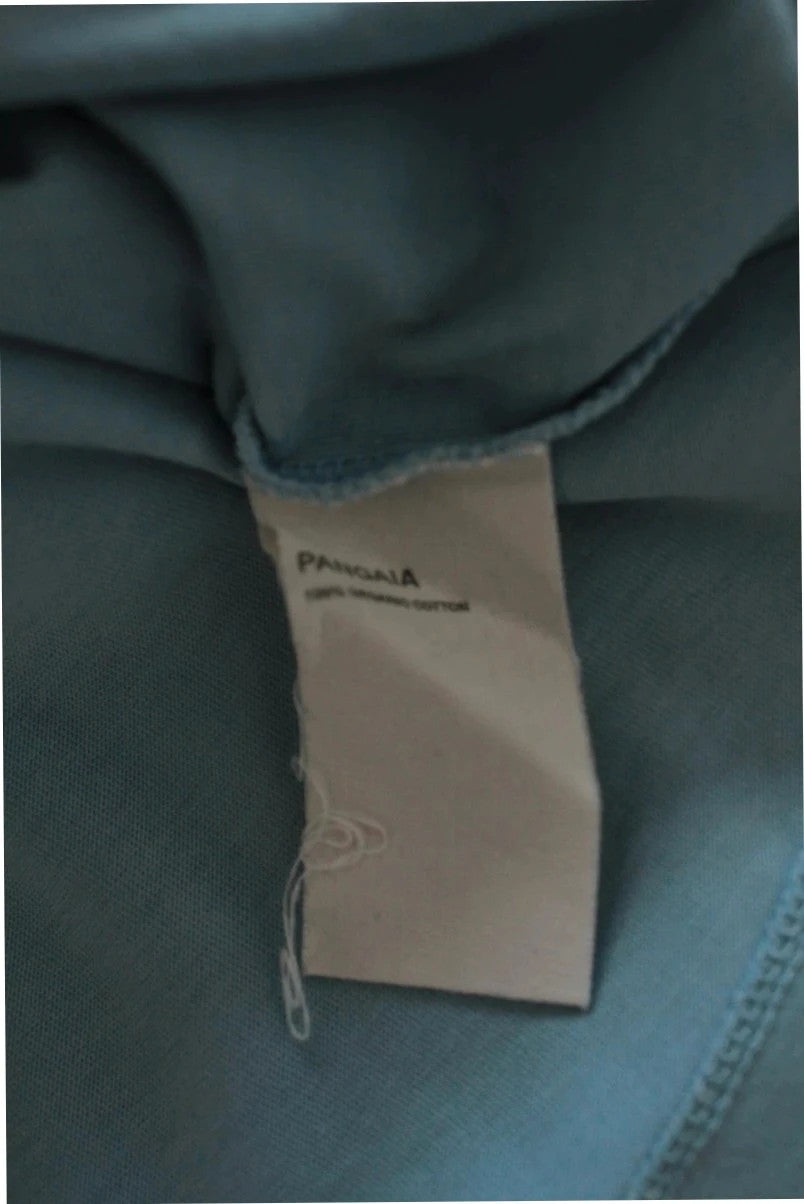 Pangaia light blue mint green pocket t-shirt with minimalist text block design.