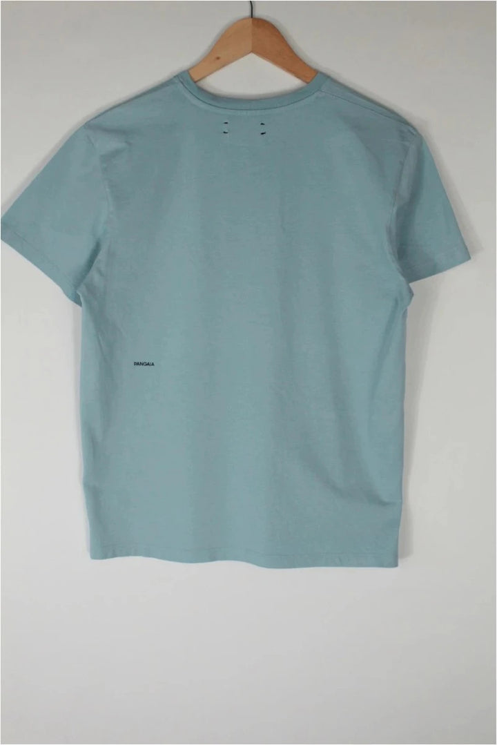 Pangaia light blue mint green pocket t-shirt with minimalist text block design.