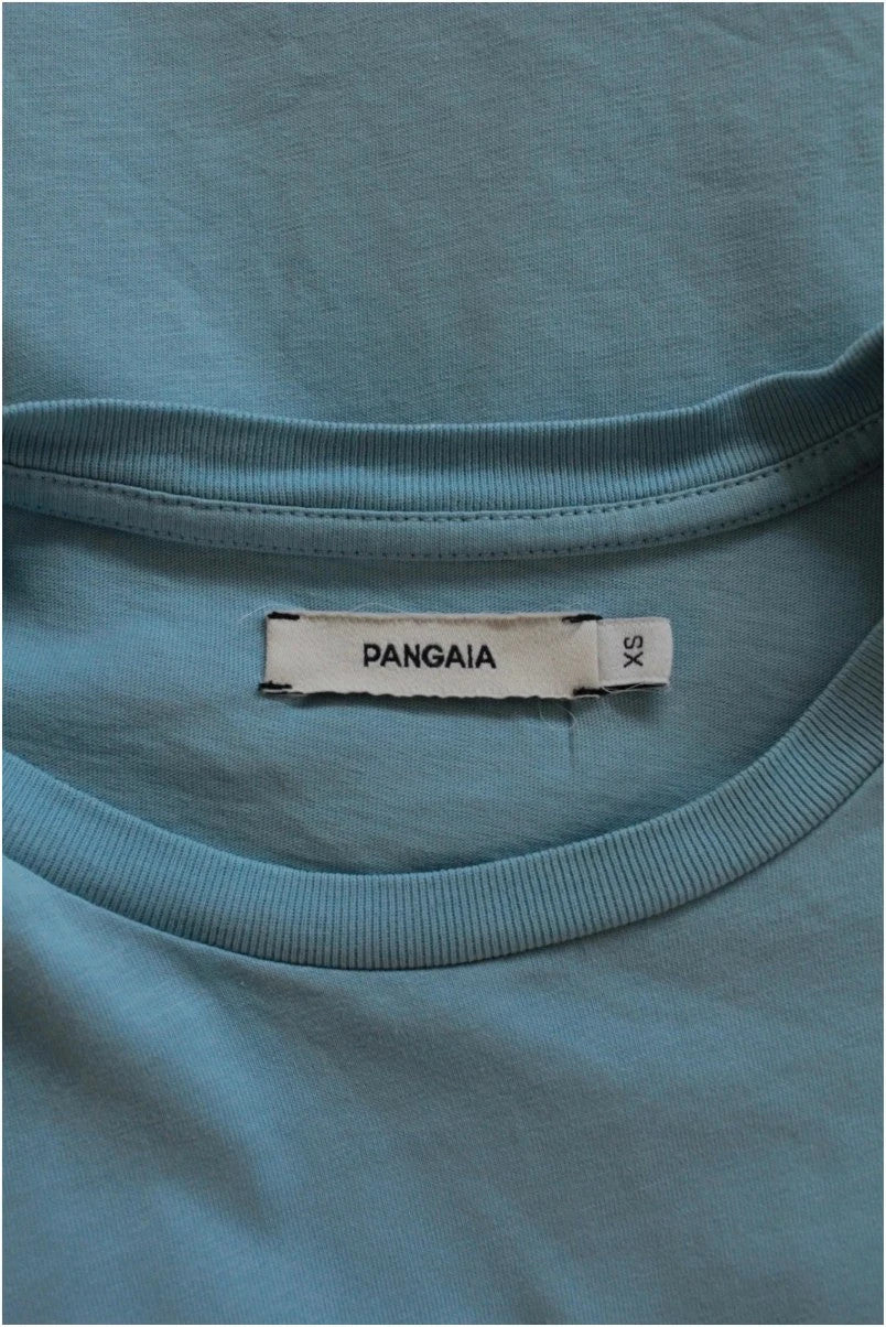 Pangaia light blue mint green pocket t-shirt with minimalist text block design.
