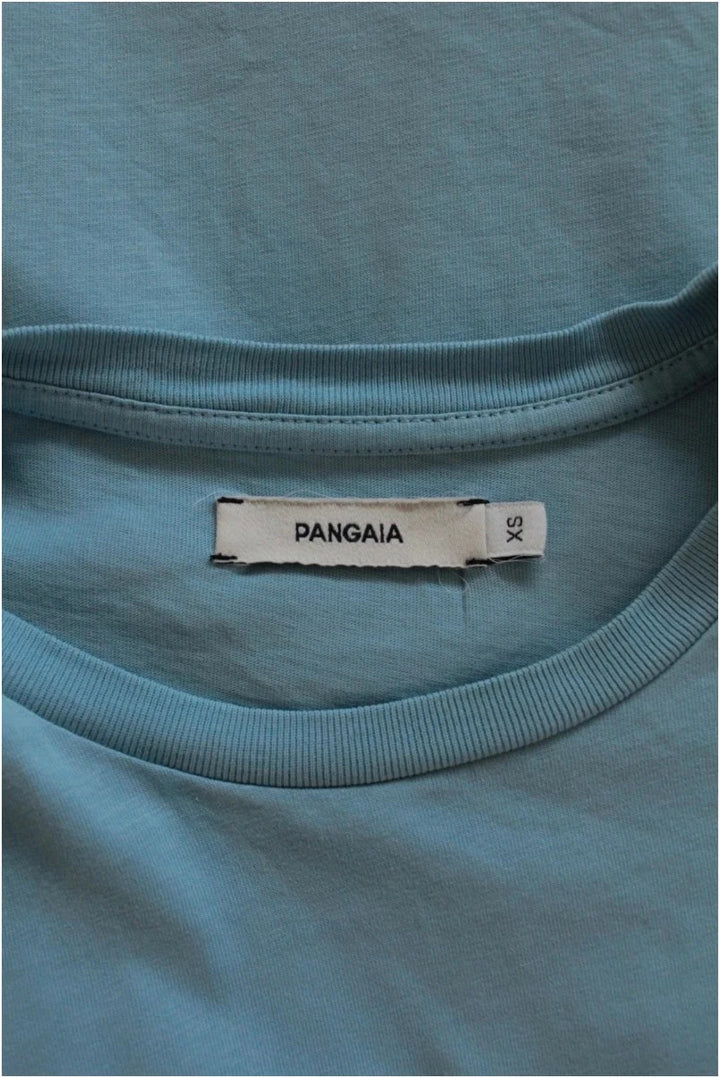 Pangaia light blue mint green pocket t-shirt with minimalist text block design.