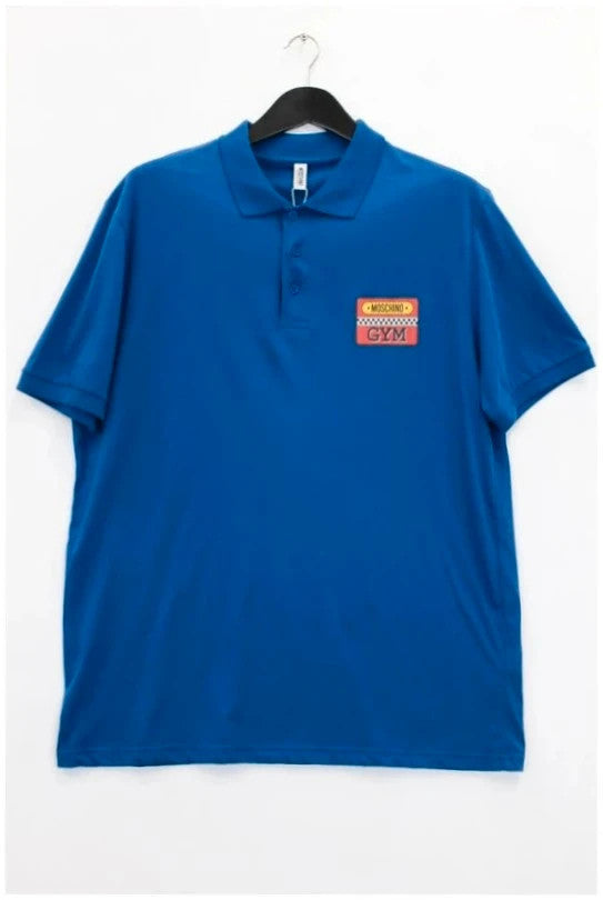 Moschino blue polo shirt with embroidered Moschino Gym patch and breathable cotton piqué.