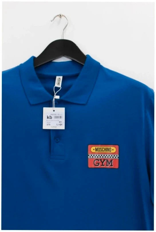 Moschino blue polo shirt with embroidered Moschino Gym patch and breathable cotton piqué.