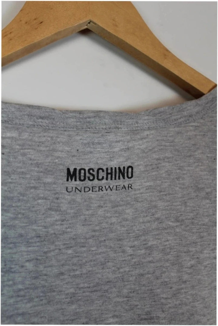 Moschino grey cotton polo shirt with rounded neckline and two front buttons, vintage style.
